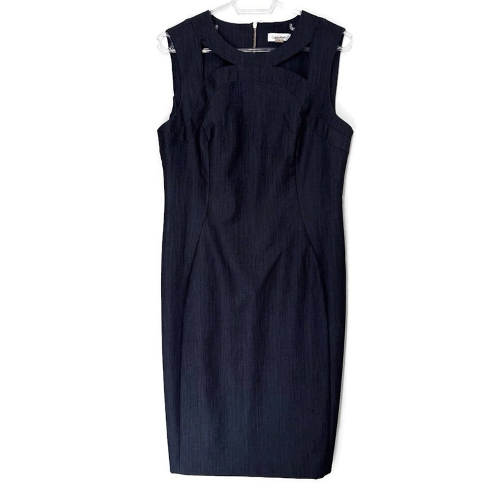 Calvin Klein Dress Dark Blue Sheath Below Knee Cocktail Sleeveless Dress Sz 10